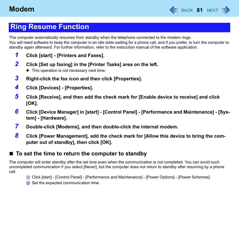 Modem, Ring resume function | Panasonic CF-W8 User Manual | Page 81 / 140