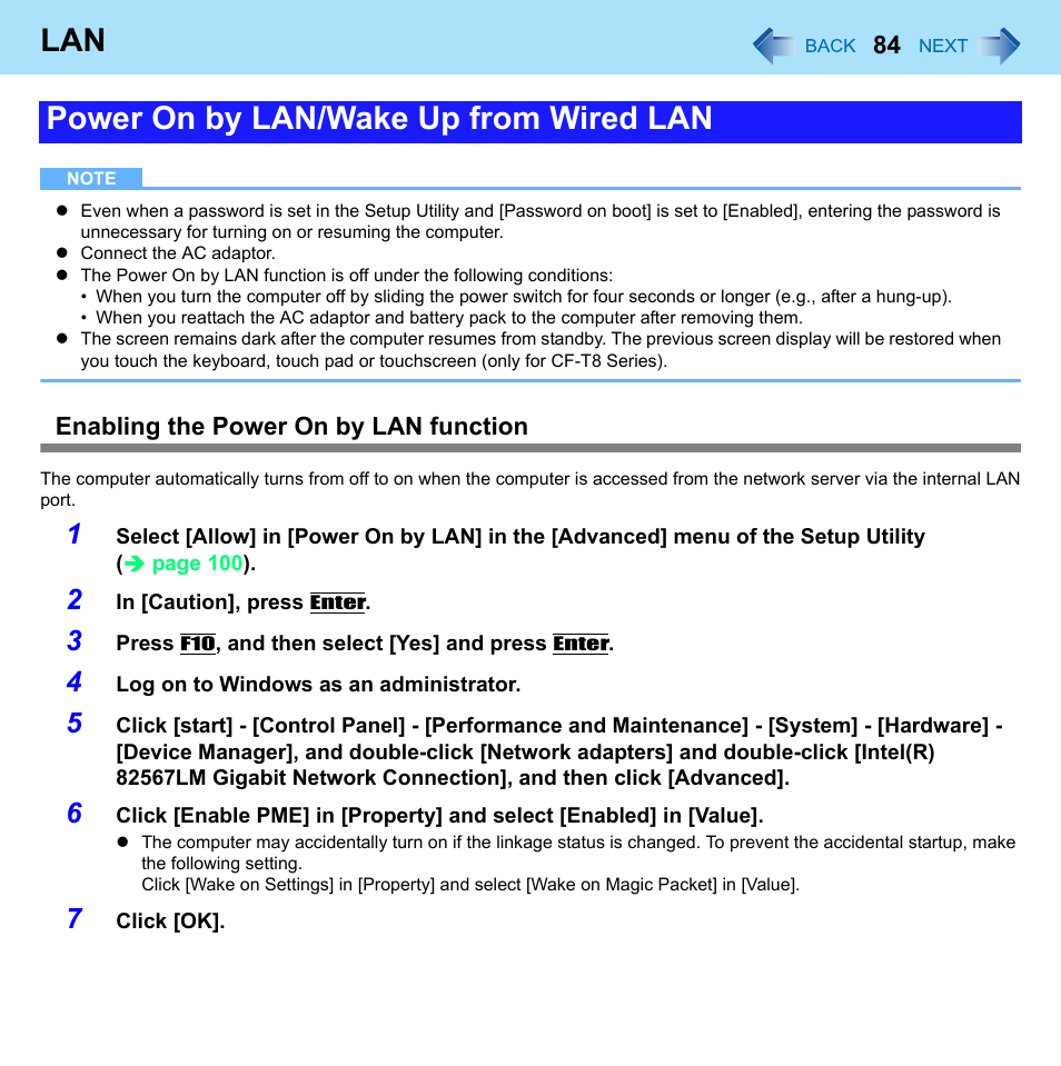 Power on by lan/wake up from wired lan | Panasonic CF-W8 User Manual | Page 84 / 140