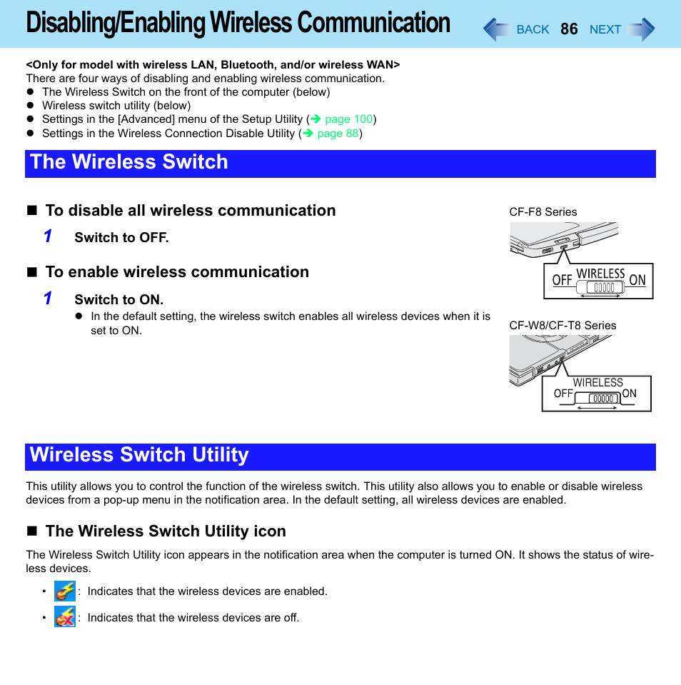 Disabling/enabling wireless communication, The wireless switch wireless switch utility, The wireless switch utility icon | Panasonic CF-W8 User Manual | Page 86 / 140