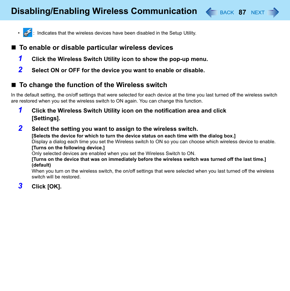 Disabling/enabling wireless communication | Panasonic CF-W8 User Manual | Page 87 / 140