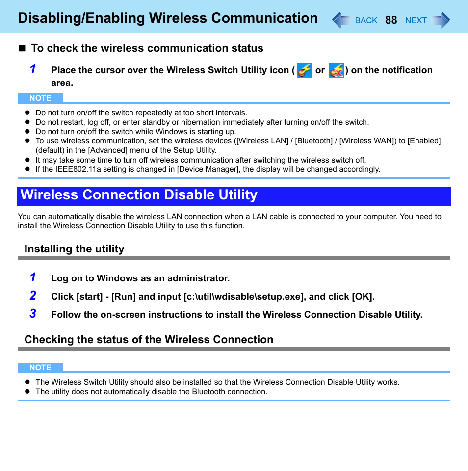 Disabling/enabling wireless communication, Wireless connection disable utility, Installing the utility | Checking the status of the wireless connection | Panasonic CF-W8 User Manual | Page 88 / 140