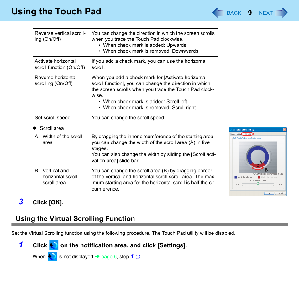 Using the touch pad, Using the virtual scrolling function | Panasonic CF-W8 User Manual | Page 9 / 140