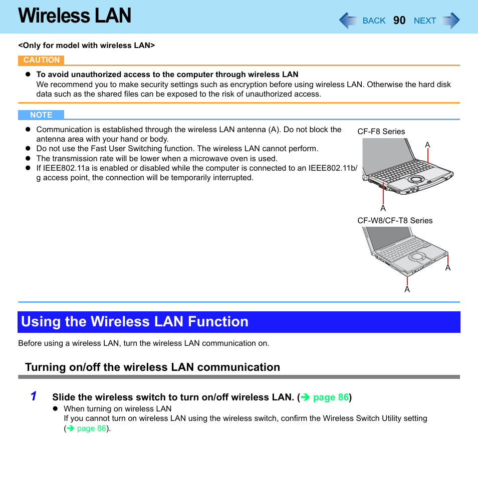 Wireless lan, Using the wireless lan function, Turning on/off the wireless lan communication | Panasonic CF-W8 User Manual | Page 90 / 140