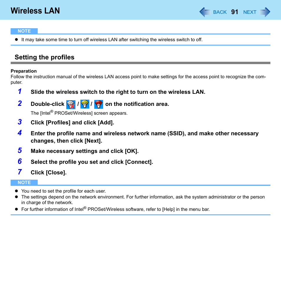 Wireless lan, Setting the profiles | Panasonic CF-W8 User Manual | Page 91 / 140