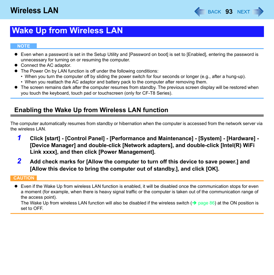 Wireless lan, Wake up from wireless lan, Enabling the wake up from wireless lan function | Panasonic CF-W8 User Manual | Page 93 / 140