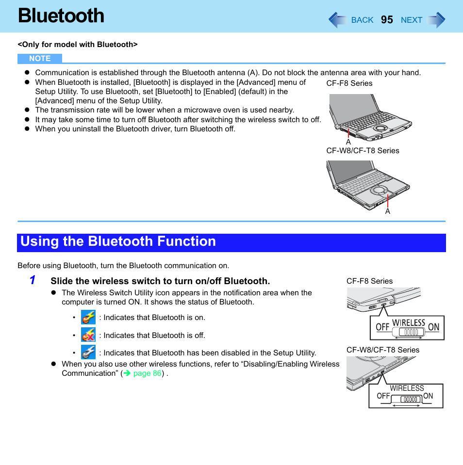 Bluetooth, Using the bluetooth function | Panasonic CF-W8 User Manual | Page 95 / 140