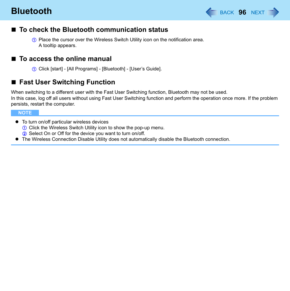 Bluetooth, Fast user switching function | Panasonic CF-W8 User Manual | Page 96 / 140