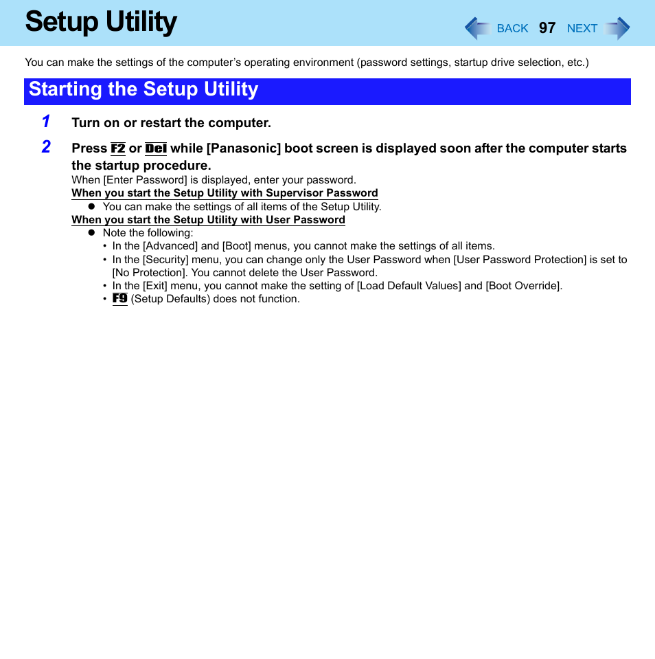 Setup utility, Starting the setup utility | Panasonic CF-W8 User Manual | Page 97 / 140