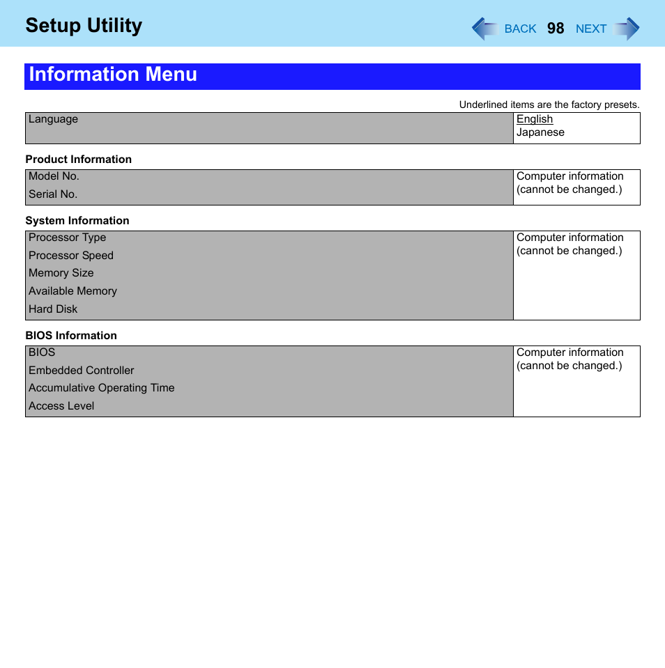 Setup utility, Information menu | Panasonic CF-W8 User Manual | Page 98 / 140