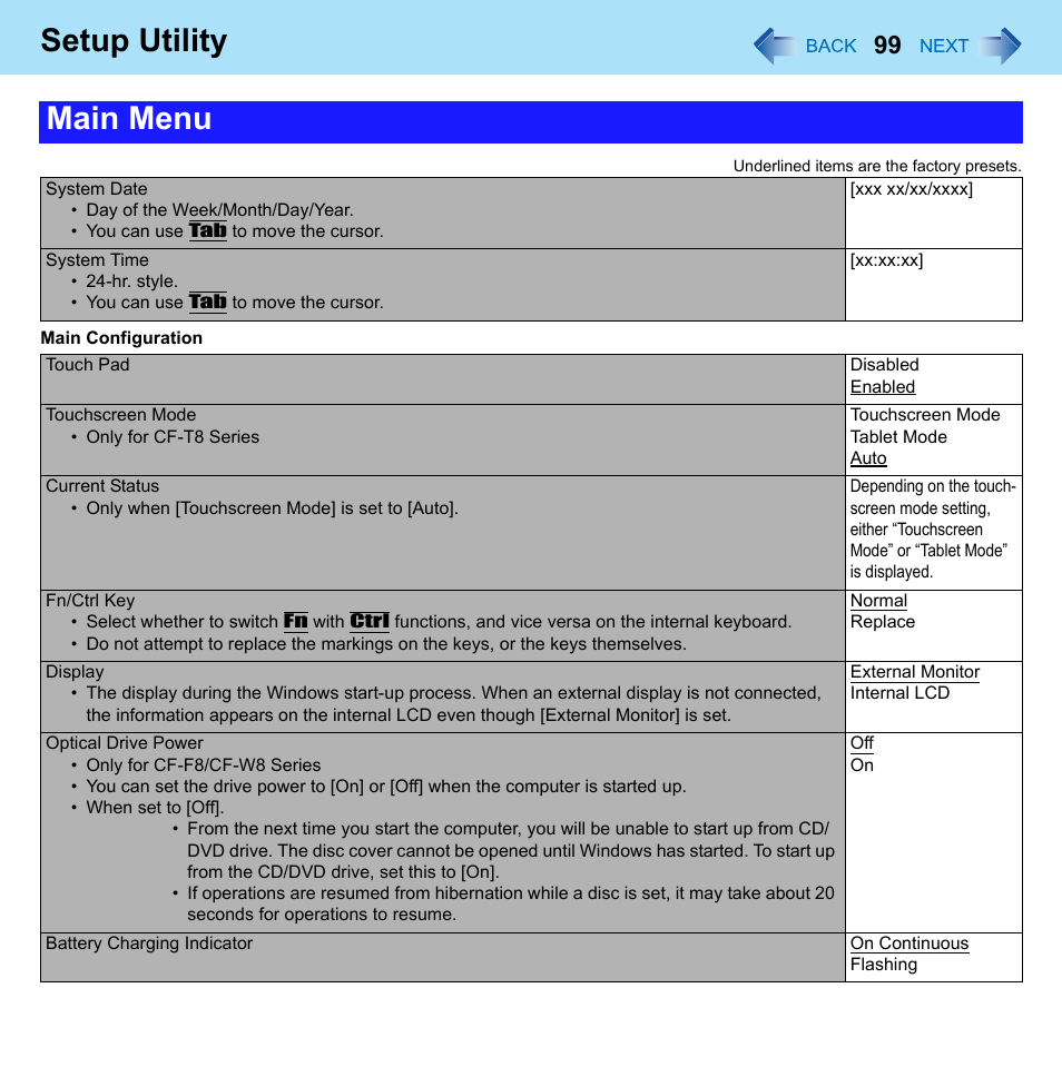 Setup utility, Main menu | Panasonic CF-W8 User Manual | Page 99 / 140