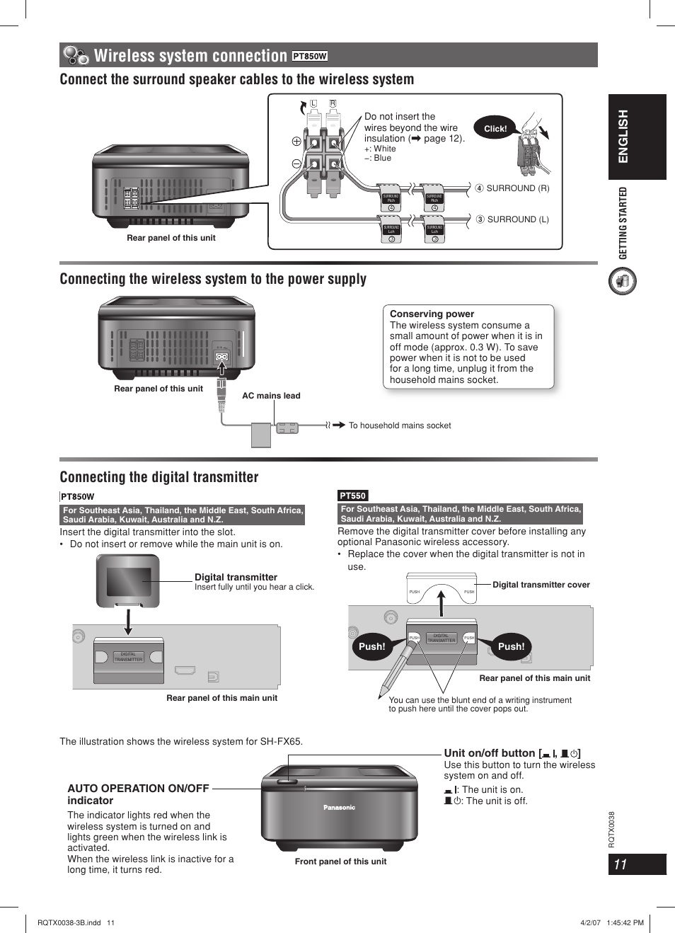 Wireless system connection, English, Auto operation on/off indicator | Unit on/off button | Panasonic SC-PT850 User Manual | Page 11 / 48