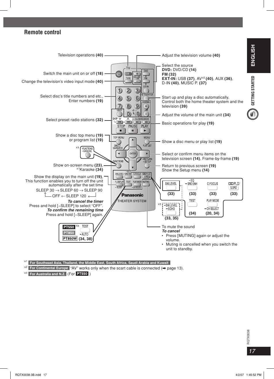 Remote control, English | Panasonic SC-PT850 User Manual | Page 17 / 48