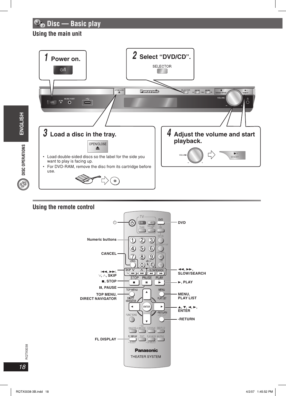Disc — basic play, Using the main unit, Power on | Select “dvd/cd, Adjust the volume and start playback, Load a disc in the tray | Panasonic SC-PT850 User Manual | Page 18 / 48