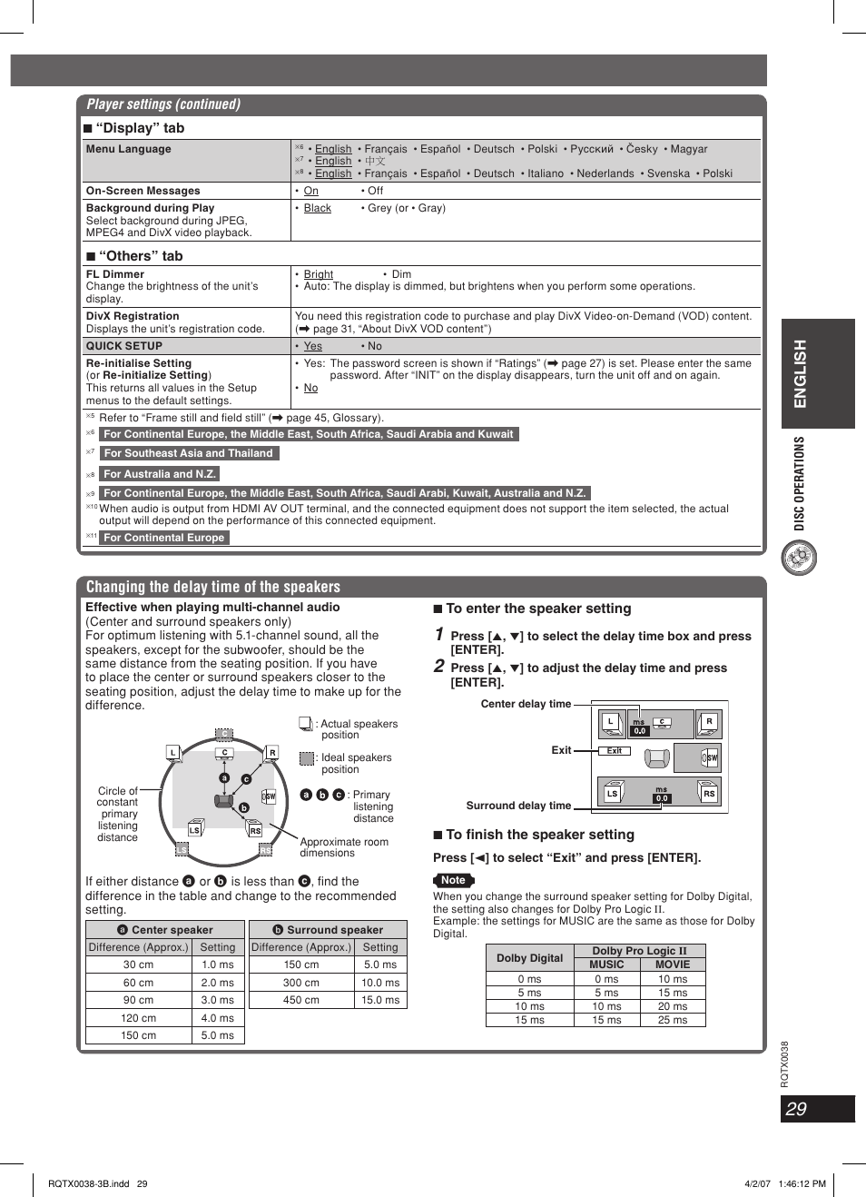 English, Changing the delay time of the speakers, Player settings (continued) 7 “display” tab | 7 “others” tab, 7 to enter the speaker setting, 7 to fi nish the speaker setting | Panasonic SC-PT850 User Manual | Page 29 / 48