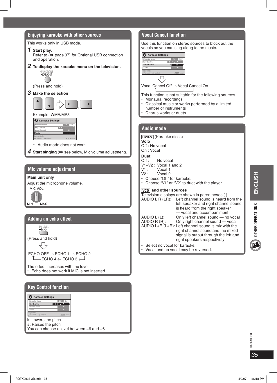 English, Enjoying karaoke with other sources, Mic volume adjustment | Adding an echo effect, Vocal cancel function, Key control function, Audio mode | Panasonic SC-PT850 User Manual | Page 35 / 48