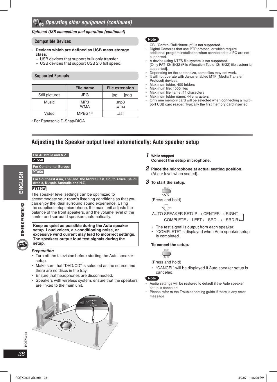 Operating other equipment (continued), English | Panasonic SC-PT850 User Manual | Page 38 / 48