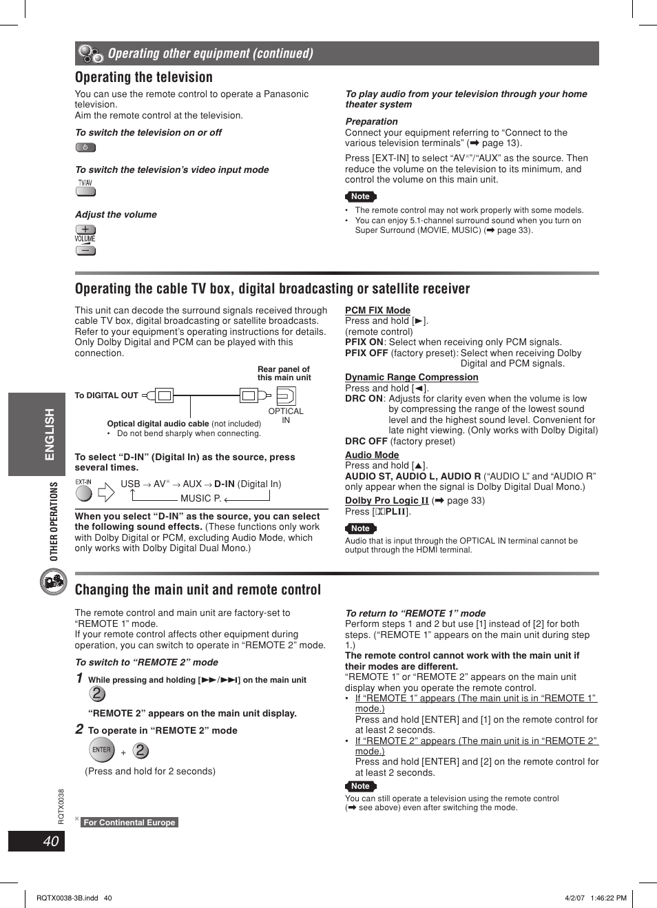 Operating the television, Changing the main unit and remote control, Operating other equipment (continued) | English | Panasonic SC-PT850 User Manual | Page 40 / 48