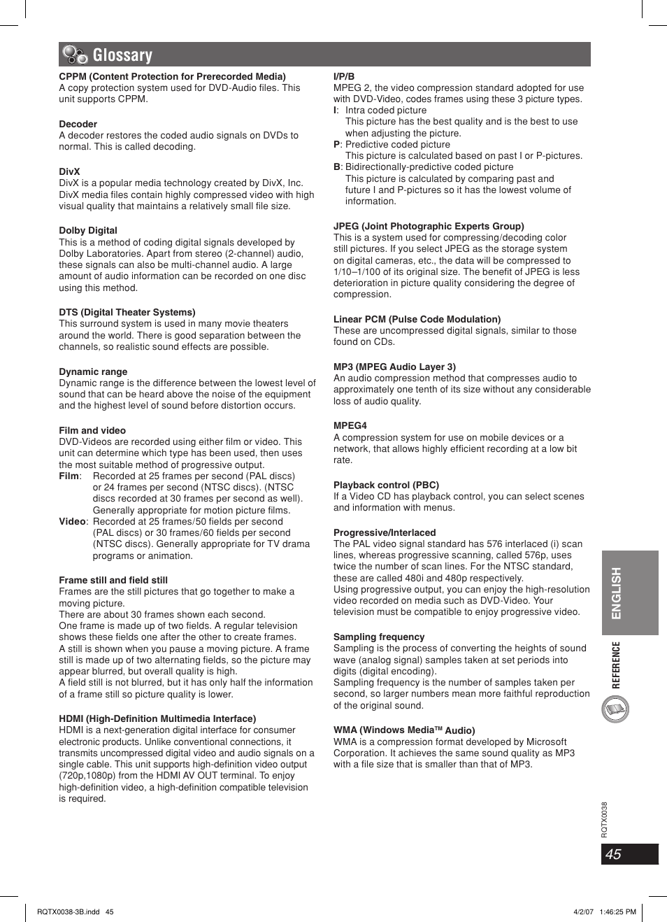 Glossary, English | Panasonic SC-PT850 User Manual | Page 45 / 48