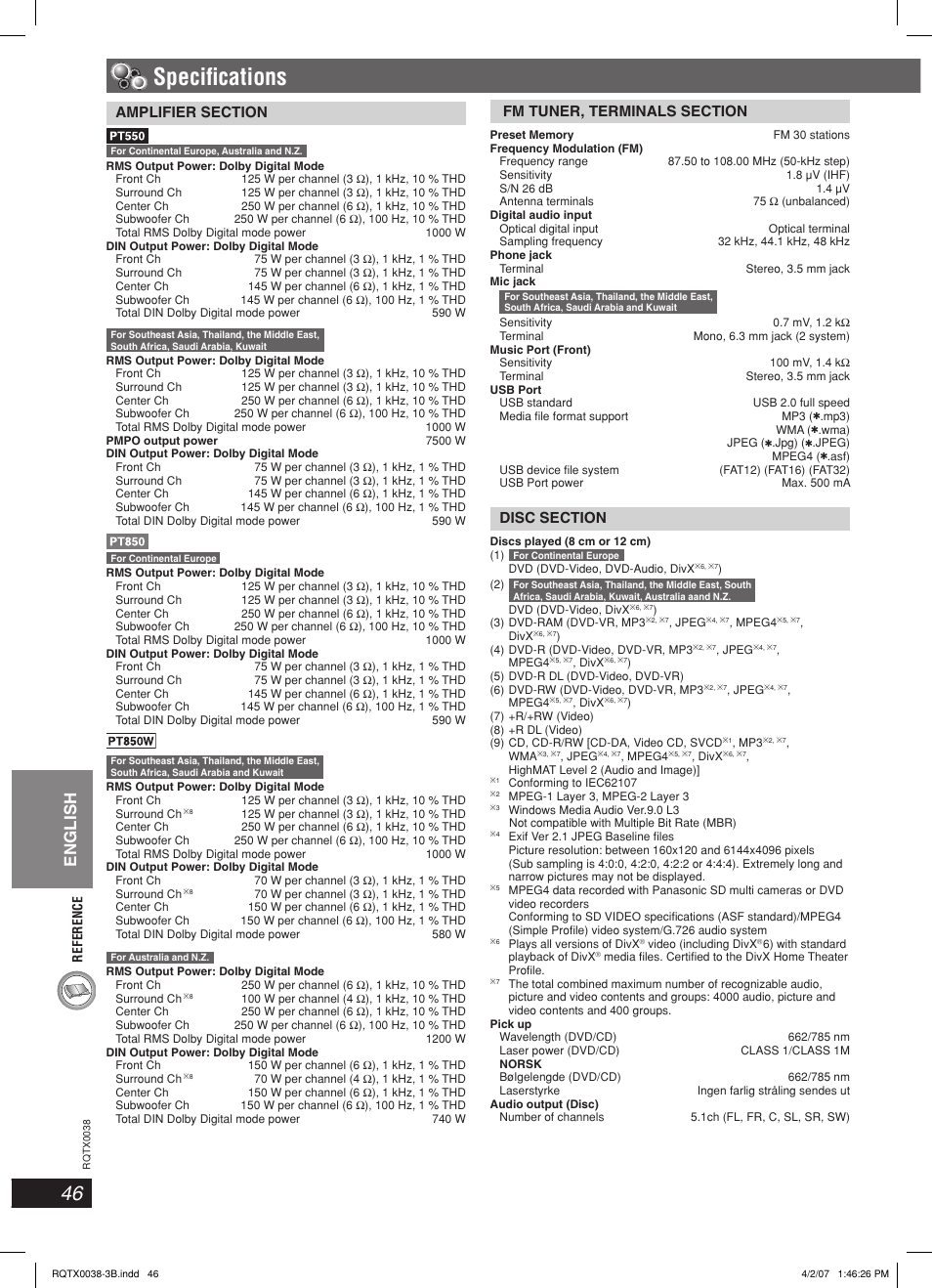 Specifi cations, English | Panasonic SC-PT850 User Manual | Page 46 / 48