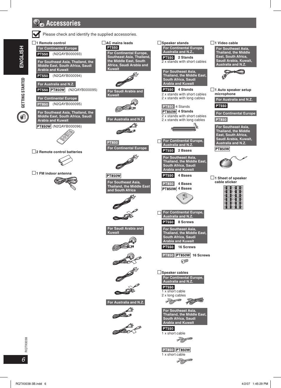 Accessories, English, Getting st ar ted | Please check and identify the supplied accessories | Panasonic SC-PT850 User Manual | Page 6 / 48