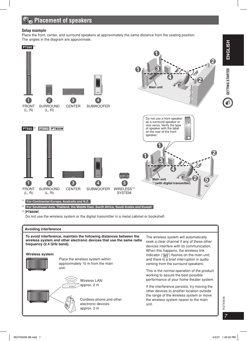 Placement of speakers, English | Panasonic SC-PT850 User Manual | Page 7 / 48