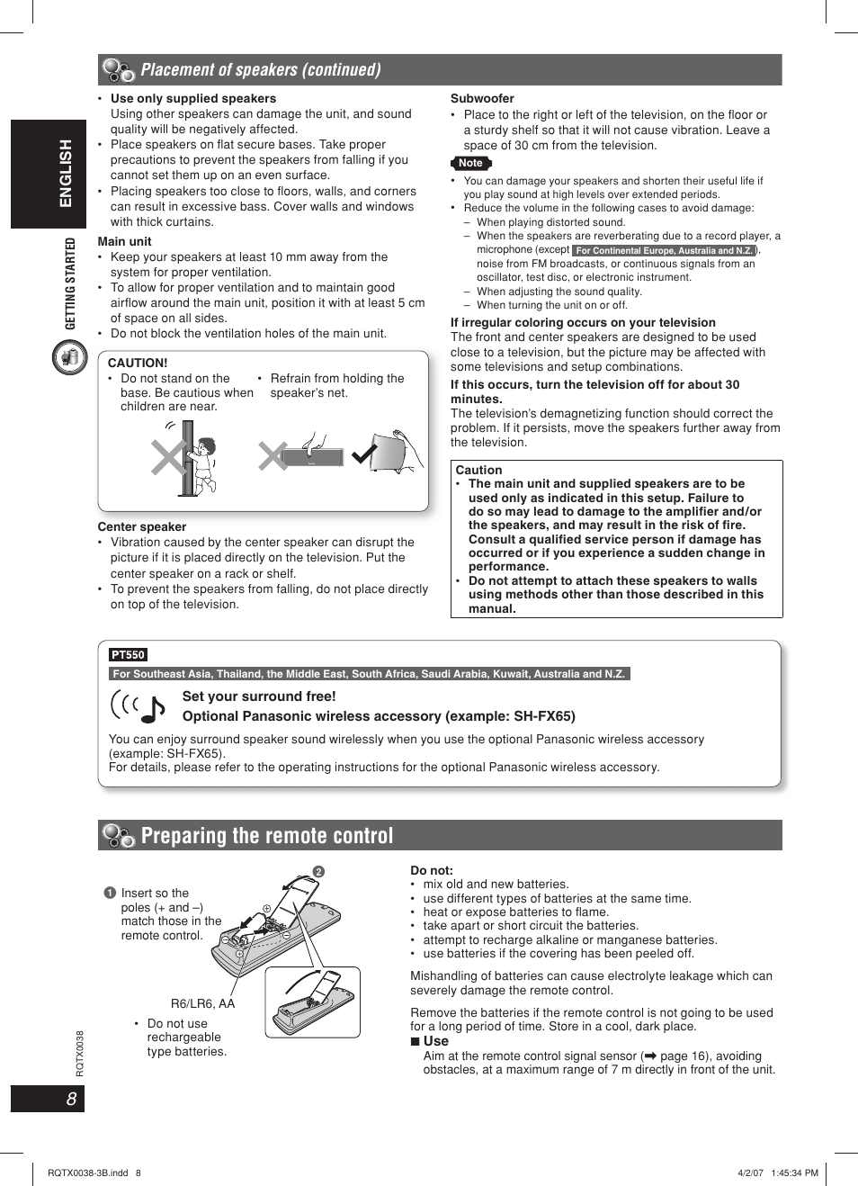 Preparing the remote control, Placement of speakers (continued), English | Panasonic SC-PT850 User Manual | Page 8 / 48