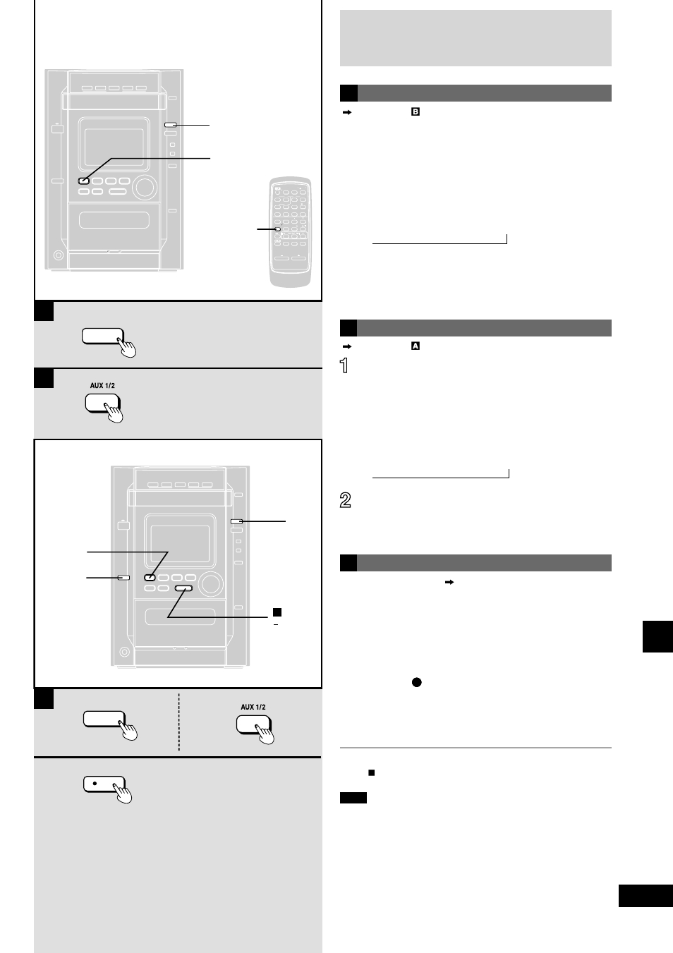 Ba c, Operate the external unit, Listening to an external analog source | Press [aux 1/2] to select the input source, Recording an external source, Press, Start the source to be recorded, Timer and other operations, Ab c | Panasonic SC-AK600 User Manual | Page 27 / 32