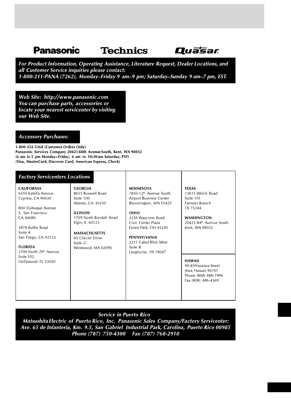 Servicenter list (only for u.s.a.) | Panasonic SC-AK600 User Manual | Page 29 / 32