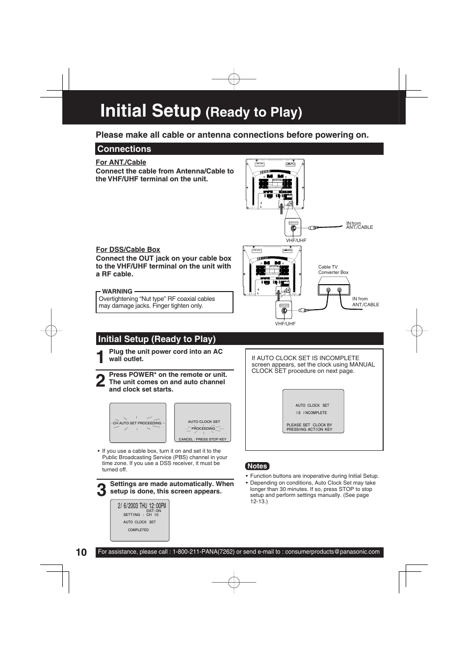 Initial setup (ready to play), Initial setup, Ready to play) | Connections | Panasonic PV 20DF63 User Manual | Page 10 / 68