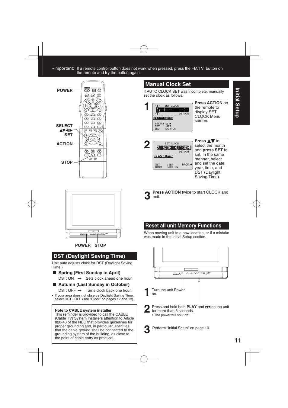 Manual clock set, Dst (daylight saving time), Initial setup | Important, Spring (first sunday in april), Autumn (last sunday in october) | Panasonic PV 20DF63 User Manual | Page 11 / 68
