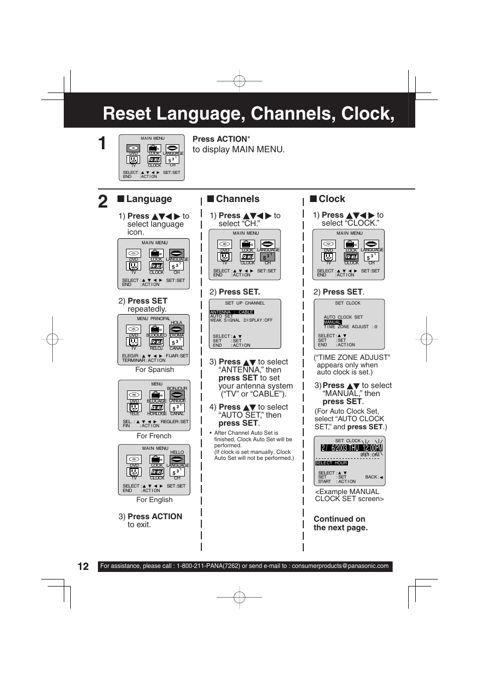 Reset language, channels, clock, time zone adjust, Reset language, channels, clock, Language ■ channels ■ clock | 3) press to select “manual,” then press set, Press action, Continued on the next page | Panasonic PV 20DF63 User Manual | Page 12 / 68