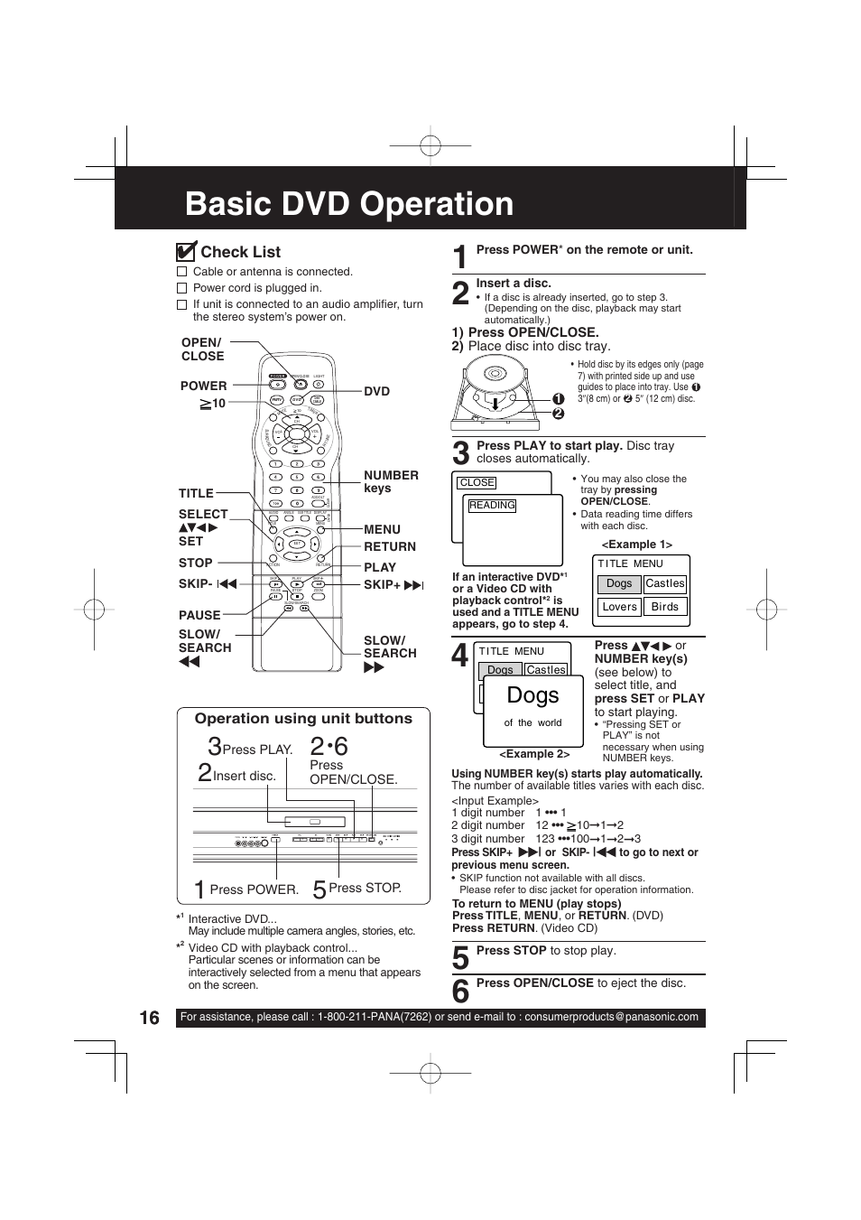 Dvd operation, Basic dvd operation, Dogs | Check list, Operation using unit buttons | Panasonic PV 20DF63 User Manual | Page 16 / 68