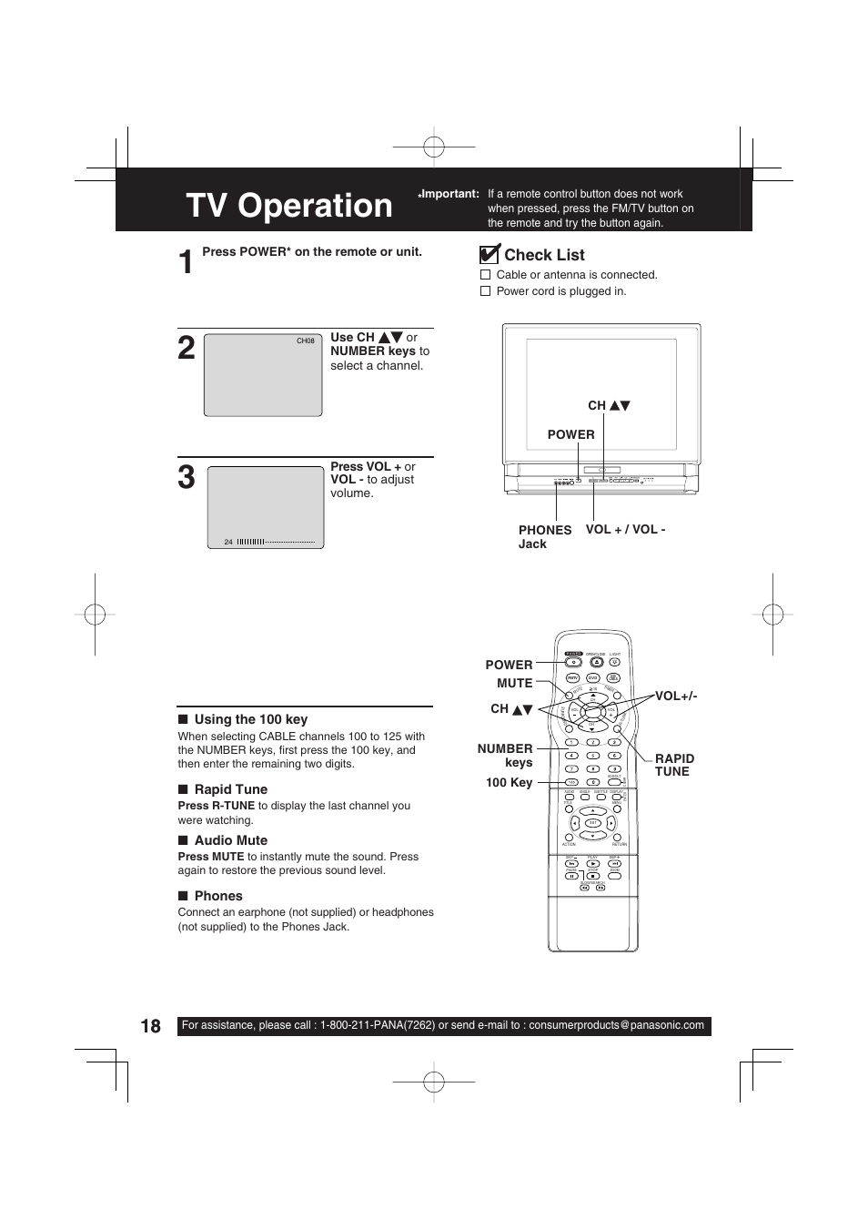 Tv operation, Tv operation 1, Check list | Using the 100 key, Rapid tune, Audio mute, Phones, Press power* on the remote or unit, Use ch or number keys to select a channel, Press vol + or vol - to adjust volume | Panasonic PV 20DF63 User Manual | Page 18 / 68