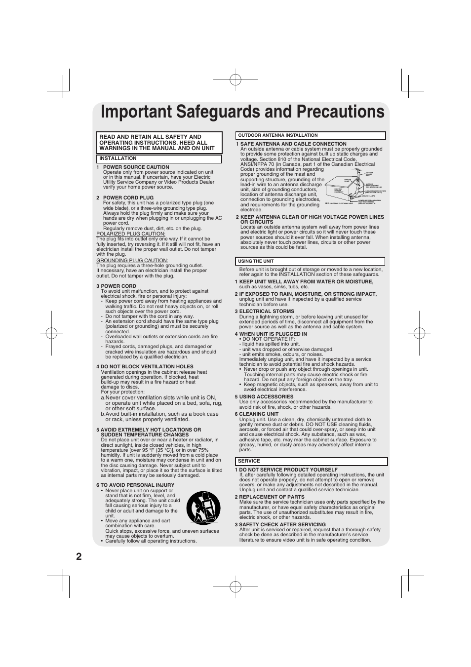 Initial setup, Important safeguards and precautions, Important safeguards and pre cau tions | Panasonic PV 20DF63 User Manual | Page 2 / 68