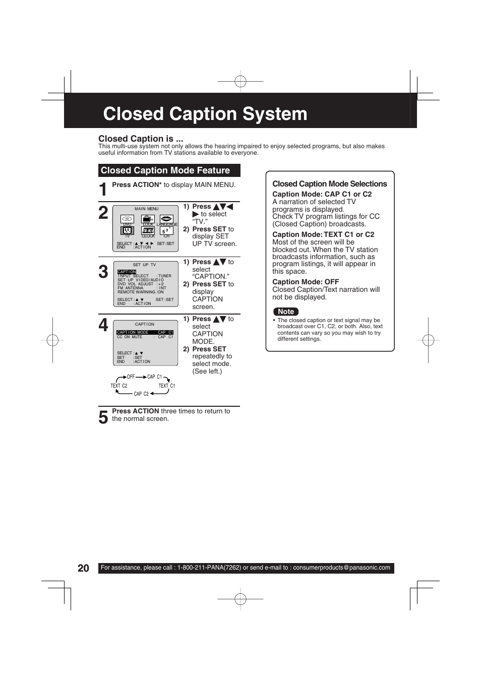 Closed caption system, Closed caption mode feature, Closed caption is | Panasonic PV 20DF63 User Manual | Page 20 / 68