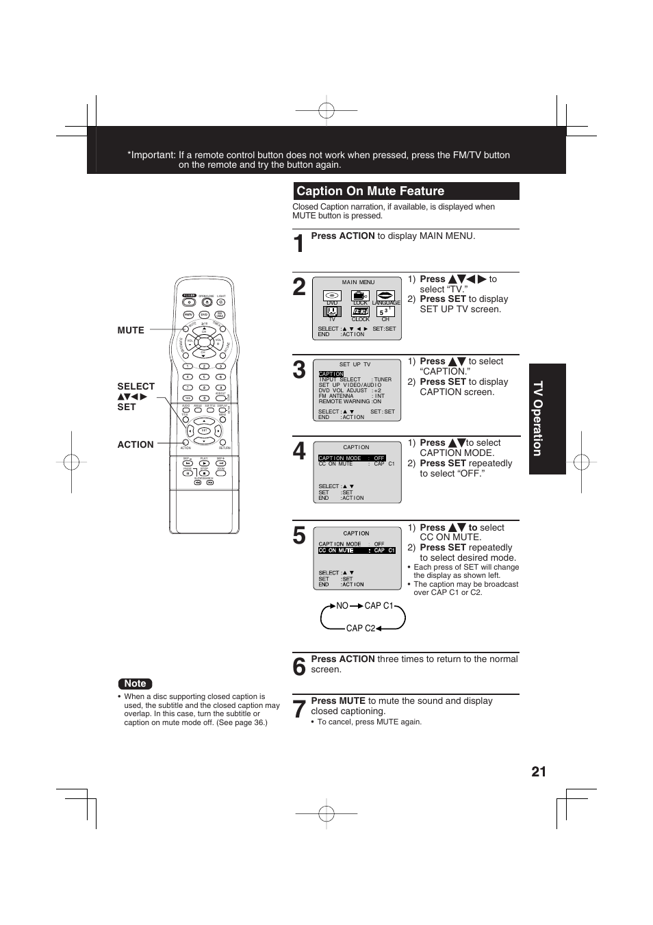 Caption on mute feature, Tv operation, Important: i | Panasonic PV 20DF63 User Manual | Page 21 / 68