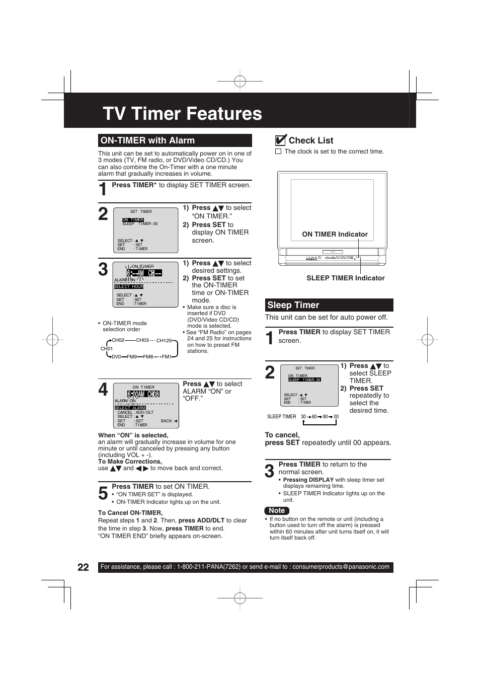 Tv timer features, Tv timer features 1, On-timer with alarm | Sleep timer, Check list | Panasonic PV 20DF63 User Manual | Page 22 / 68