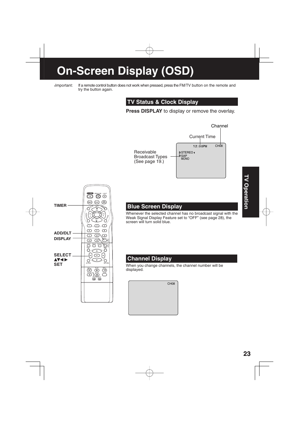 On-screen display (osd), Tv status & clock display, Blue screen display | Channel display, Tv operation, Press display to display or remove the overlay, Select set, Display add/dlt timer | Panasonic PV 20DF63 User Manual | Page 23 / 68