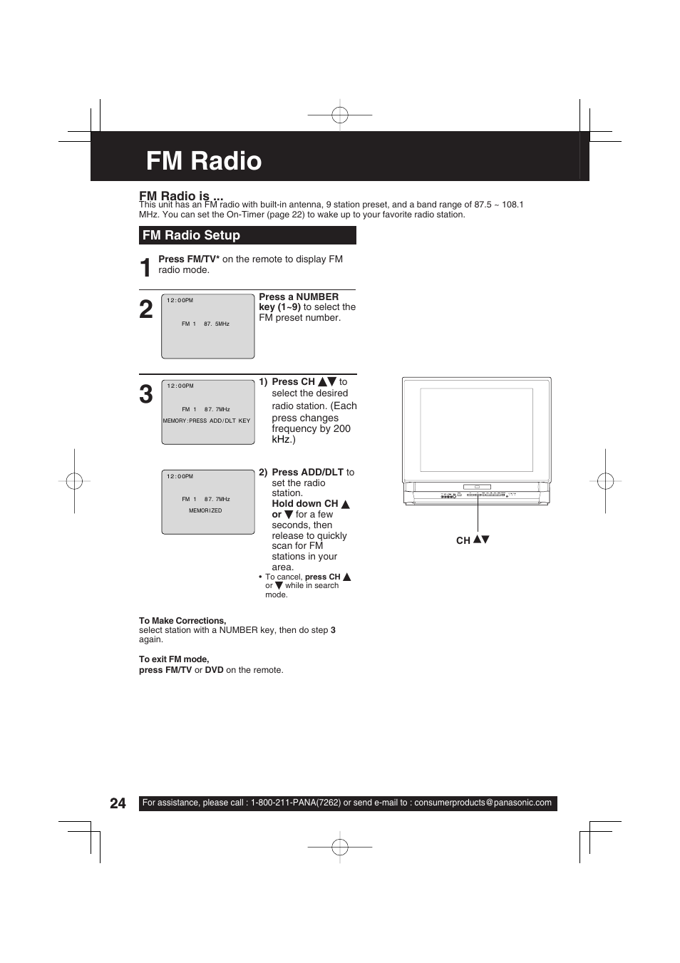 Fm radio, Fm radio setup | Panasonic PV 20DF63 User Manual | Page 24 / 68