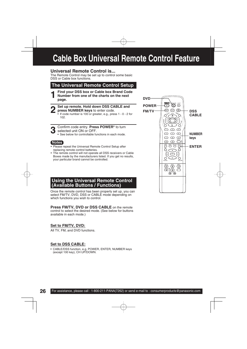 Advanced operation, Cable box universal remote control feature, The universal remote control setup | Universal remote control is, Press fm/tv, dvd or dss cable, Set to fm/tv, dvd, Set to dss cable, Dvd power fm/tv dss cable number keys enter | Panasonic PV 20DF63 User Manual | Page 26 / 68