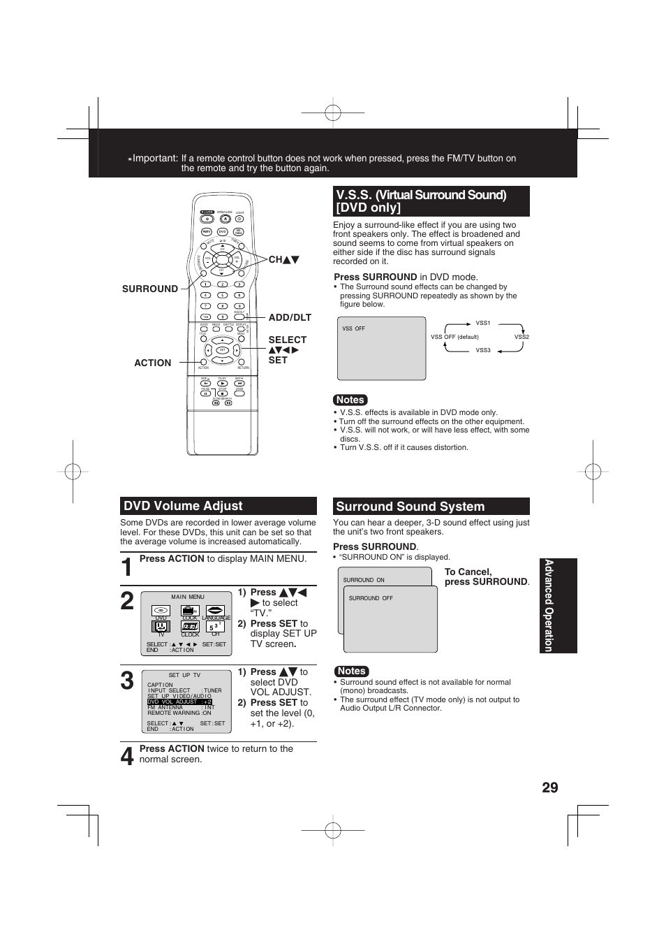 Dvd volume adjust, V.s.s. (virtual surround sound) [dvd only, Surround sound system | Ad vanced operation, Important, Press action to display main menu, Press action twice to return to the normal screen, Add/dlt action ch surround, Press surround in dvd mode, Press surround | Panasonic PV 20DF63 User Manual | Page 29 / 68