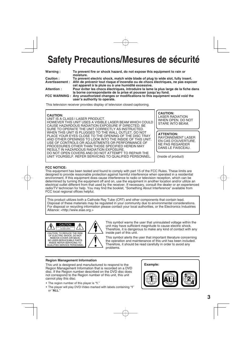 Safety precautions/mesures de securite, Safety precautions/mesures de sécurité | Panasonic PV 20DF63 User Manual | Page 3 / 68
