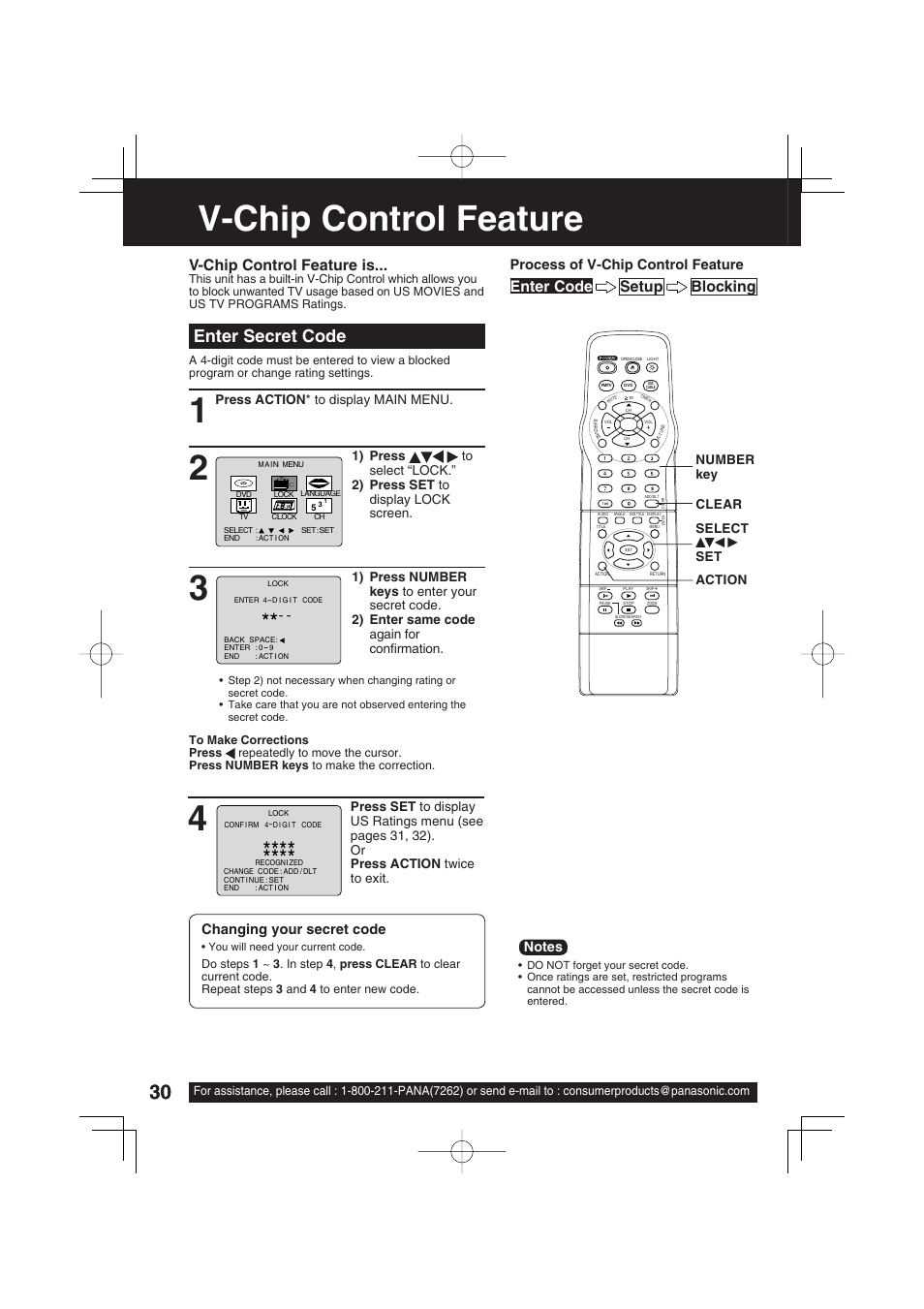 V-chip control feature, Enter secret code, Setup blocking enter code | V-chip control feature is, Changing your secret code, Process of v-chip control feature | Panasonic PV 20DF63 User Manual | Page 30 / 68
