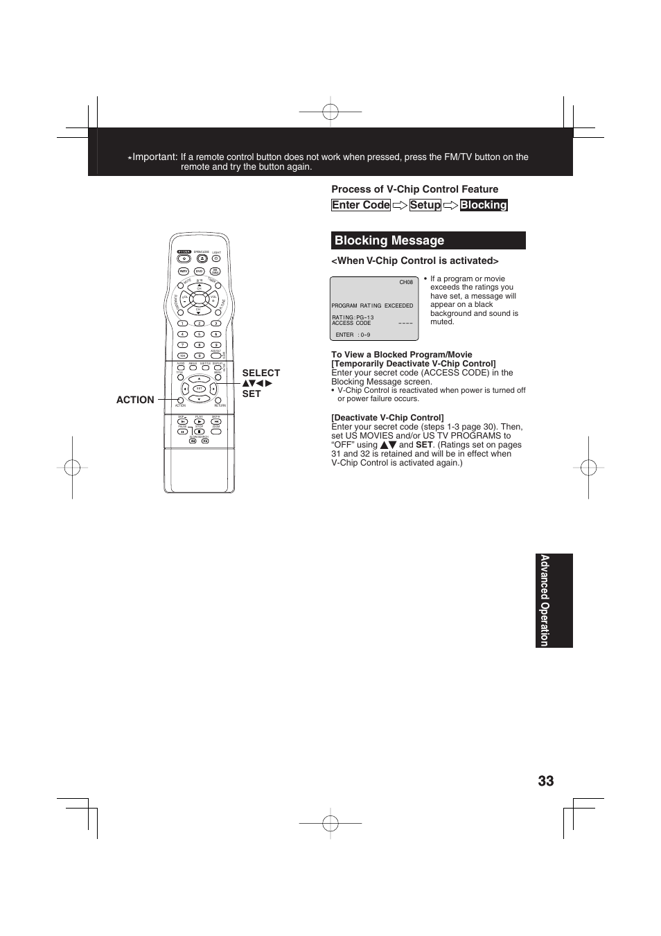 Blocking message, Ad vanced operation, Setup blocking enter code | Important, When v-chip control is activated, Process of v-chip control feature, Action, Select set | Panasonic PV 20DF63 User Manual | Page 33 / 68