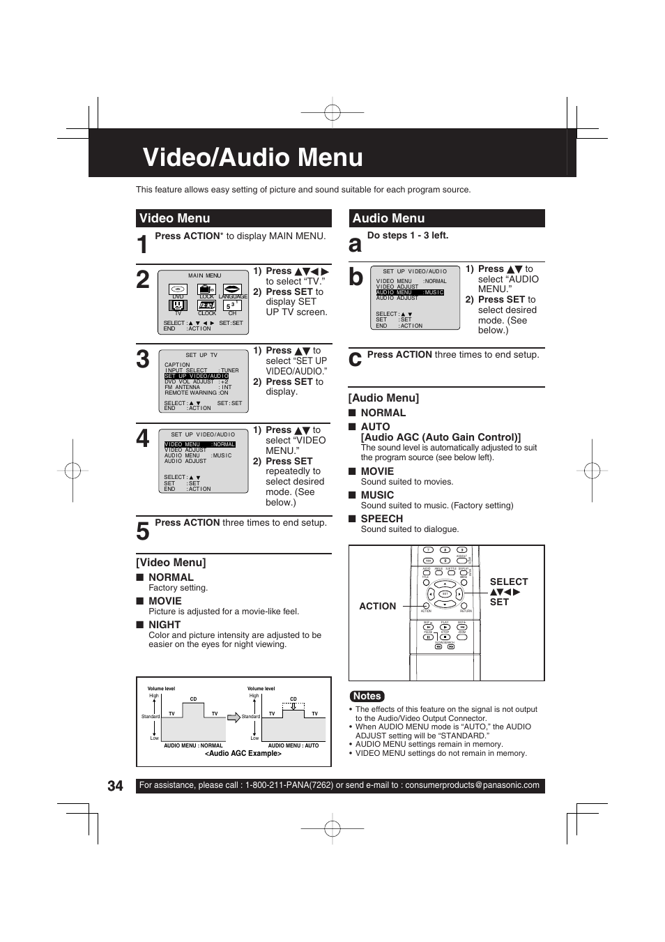 Video/audio menu, Audio menu video menu, Audio menu | Video menu | Panasonic PV 20DF63 User Manual | Page 34 / 68
