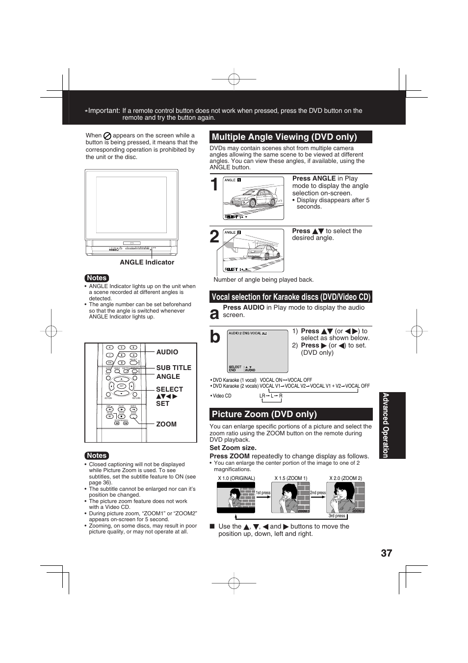 Vocal selection for karaoke discs (dvd/video cd), Multiple angle viewing (dvd only), Picture zoom (dvd only) | Ad vanced operation | Panasonic PV 20DF63 User Manual | Page 37 / 68