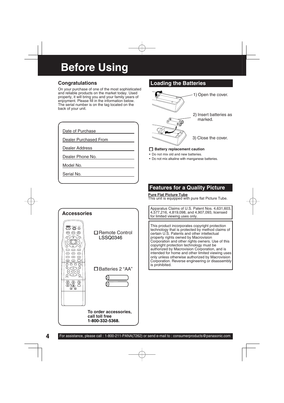 Before using, Loading the batteries, Features for a quality picture | Accessories, Remote control lssq0346, Batteries 2 “aa, Battery replacement caution | Panasonic PV 20DF63 User Manual | Page 4 / 68