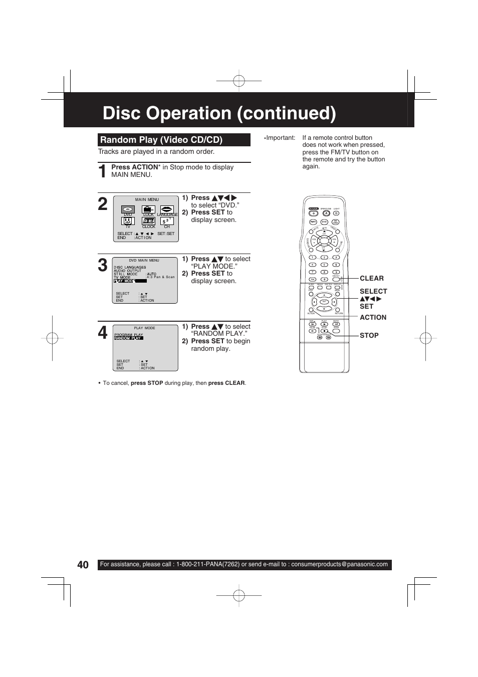 Disc operation (continued), Random play (video cd/cd), Tracks are played in a random order | Press action * in stop mode to display main menu, Clear action stop select set | Panasonic PV 20DF63 User Manual | Page 40 / 68