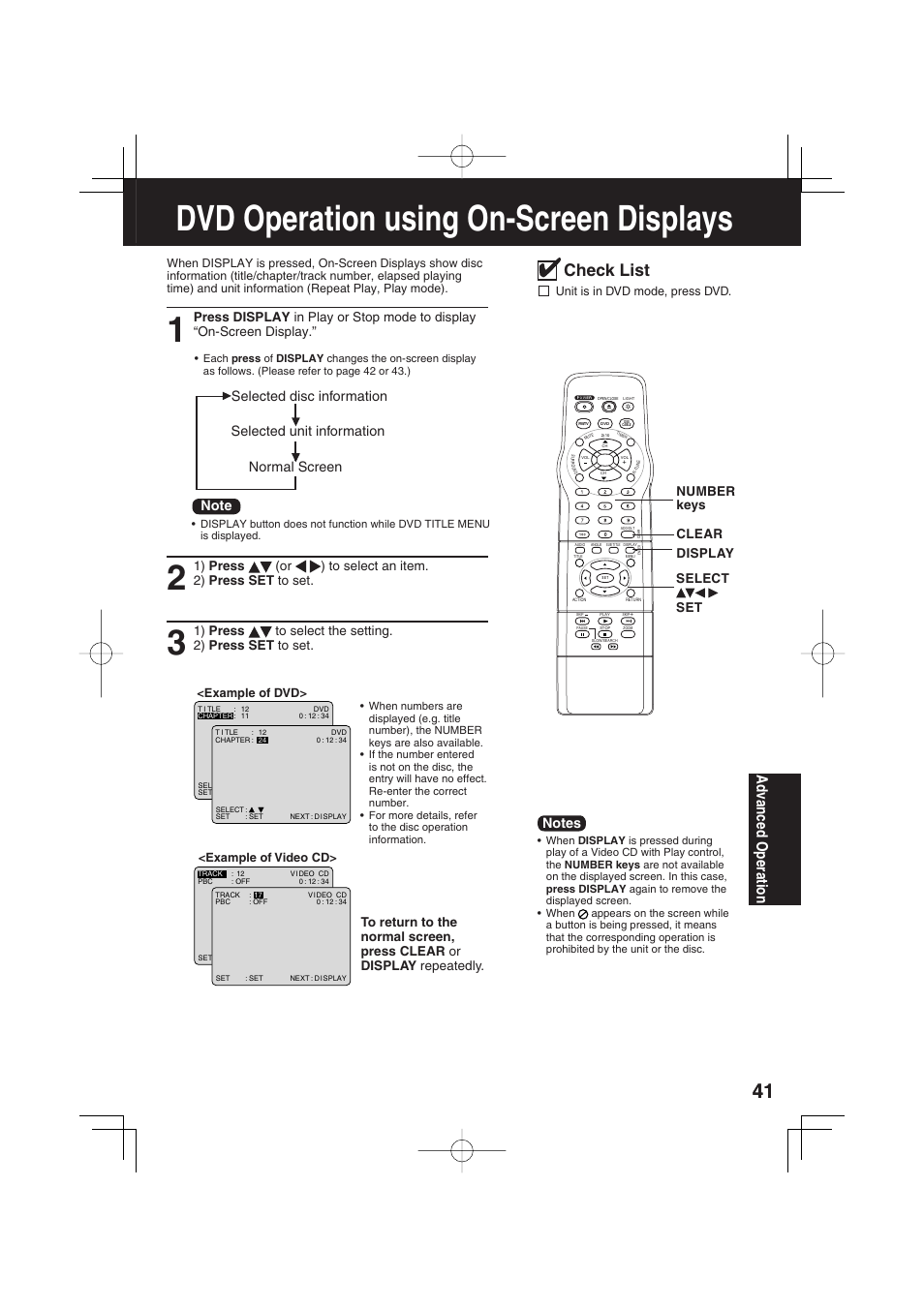 Dvd operation using on-screen displays, Check list, Ad vanced operation | Number keys clear display, Select set, Example of dvd, Example of video cd, Unit is in dvd mode, press dvd | Panasonic PV 20DF63 User Manual | Page 41 / 68