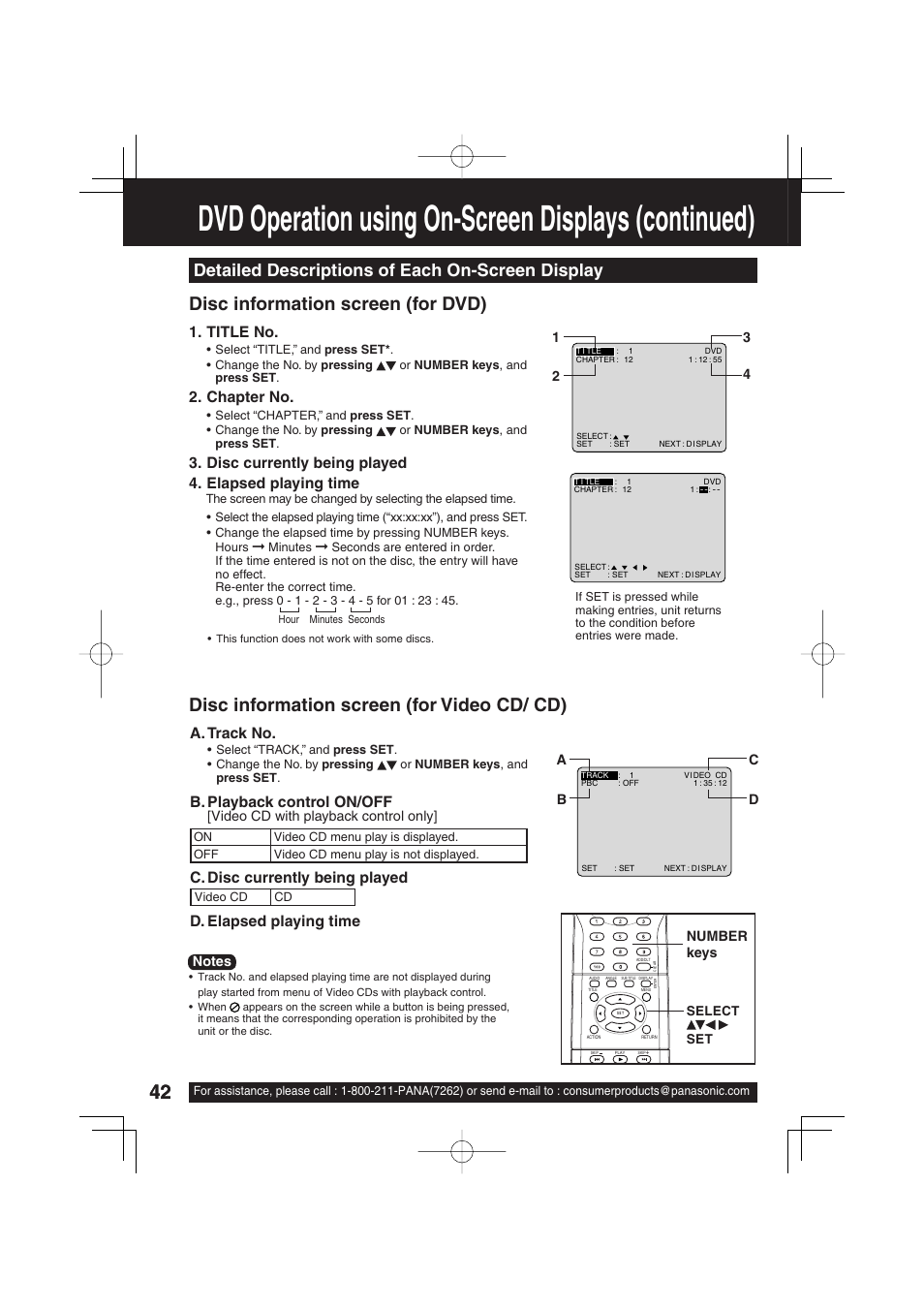 Dvd operation using on-screen displays (continued), Disc information screen (for dvd), Disc information screen (for video cd/ cd) | Detailed descriptions of each on-screen display, A. track no, B. playback control on/off, C. disc currently being played, D. elapsed playing time 1. title no, Chapter no | Panasonic PV 20DF63 User Manual | Page 42 / 68
